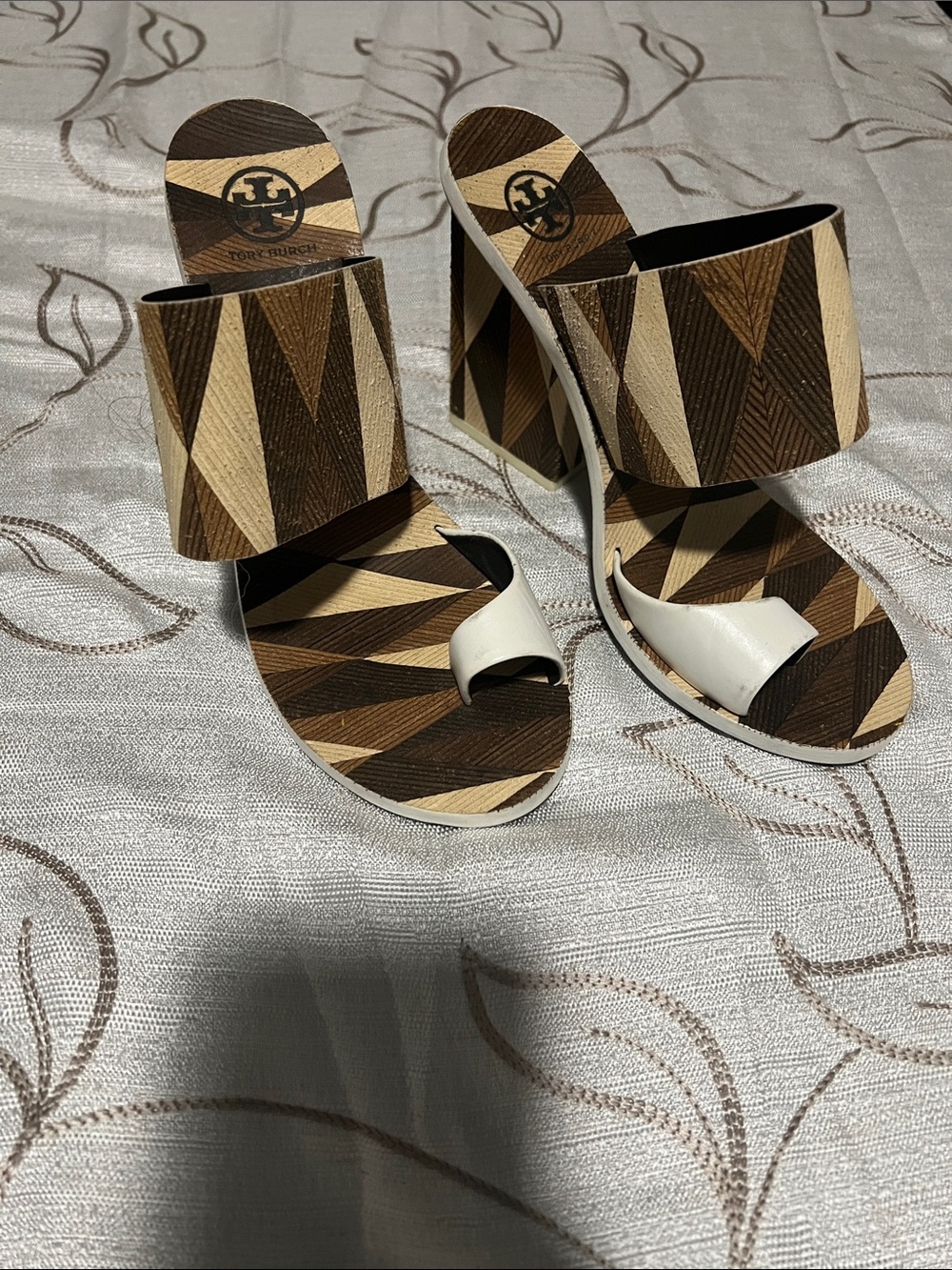 Tory Burch Geometric Brown and Cream Block Heel Sandals